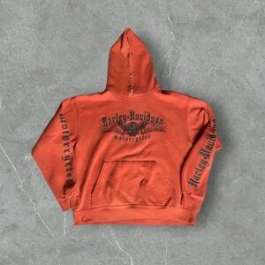 Vintage Harley Davidson Hoodie Mens Medium Orange Y2K‎ Sleeve Hit Grunge Skull